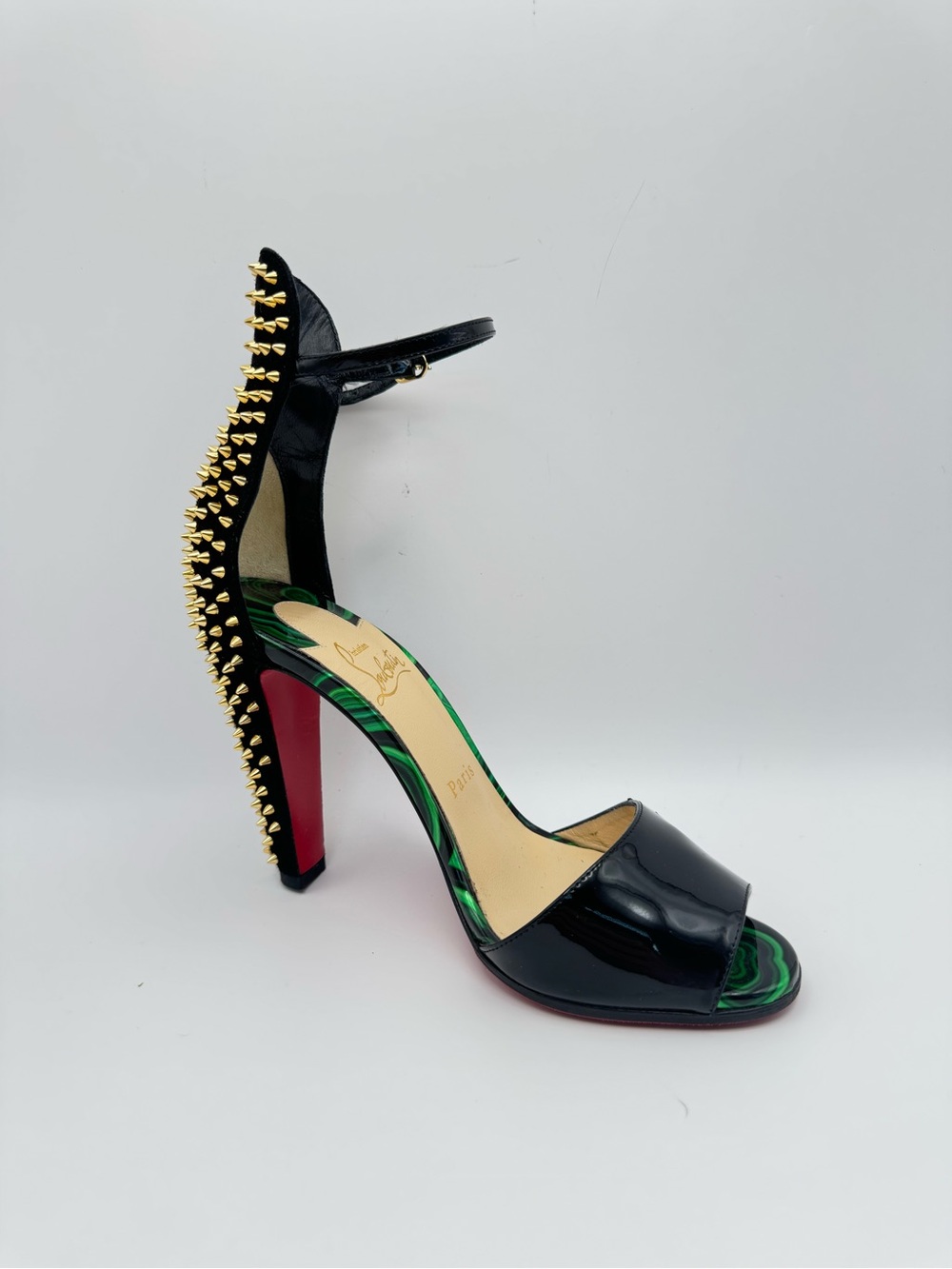Christian Louboutin Tropanita 100 Patent Malachite Gold Spike Heel Sandals 37